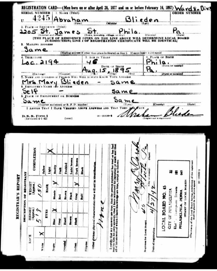 WWII draft card for Abraham Blieden