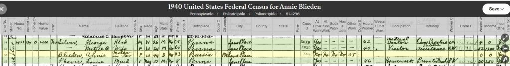 1940 federal Census for Annie Blieden