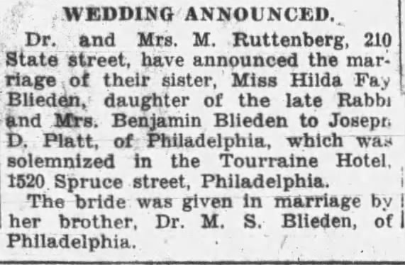 Wedding anncoune of Hilda Fay Blieden, 1927