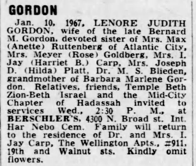Obituary of Lenore Gordon, 1967