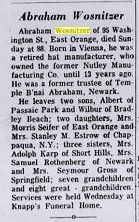 Abraham Wosnitzer Obituary, 1968