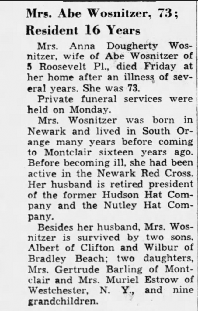 Anna Wosnitzer's Obituary, 1956