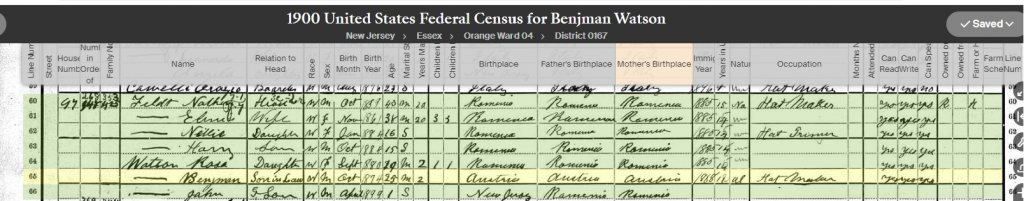1900 Federal Census for Benjamin Wosnitzer