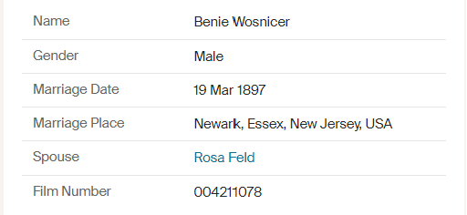 Benjamin Wosnitzer's Marriage License, New Jersey, 1897.