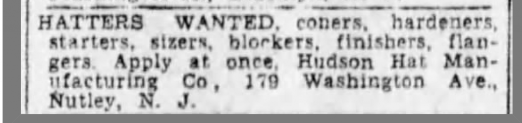 Help Wanted ad for hatters, circa 1920