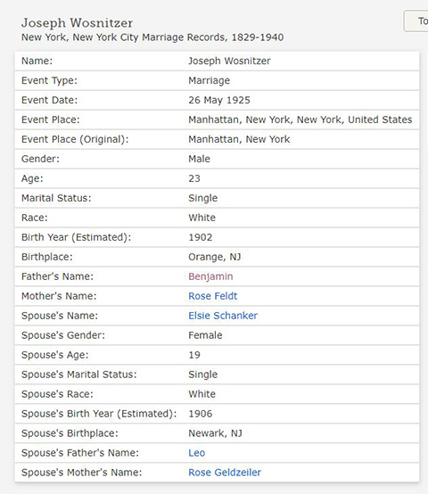 Joseph Wosnitzer marriage license, 1925