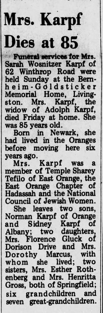 Obituary of Sadie Wosnitzer Karph, 1970
