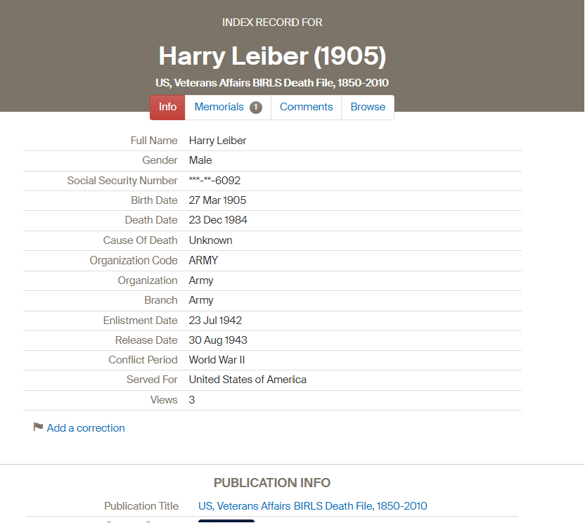 Harry's Leiber's Army BIRLS record