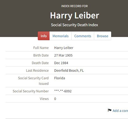 Harry Leiber death date and place