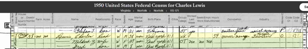 1950 Census for MIllie and Charles Lewis