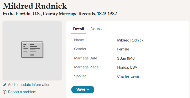 Millie Rudnic Marriage Index to Charles Lews