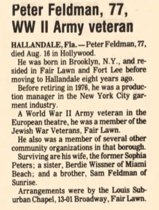 Obituary of Peter Feldman from the News Beacon and Dispatch