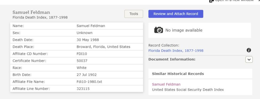 Sam's death record - 1988