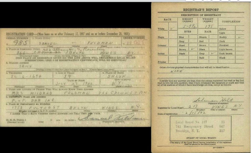 Sam's WWII Draft Card