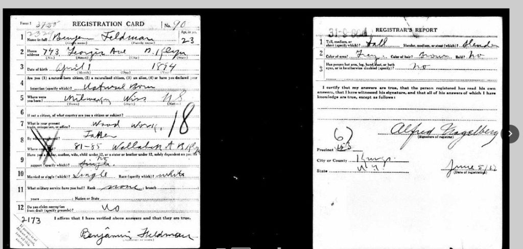 Ben's WWI Draft card