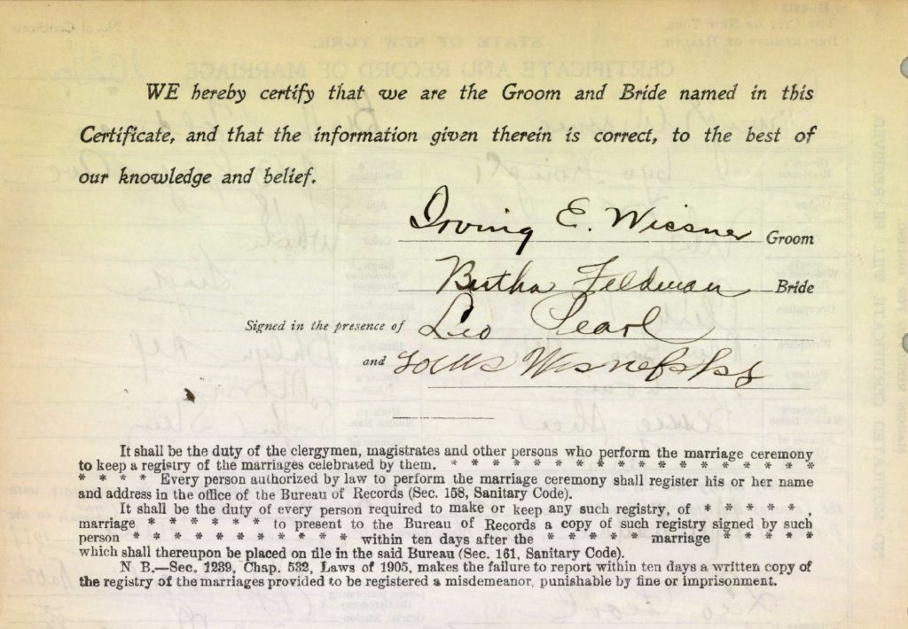 marriage certificate signatures of Bertha and Irving