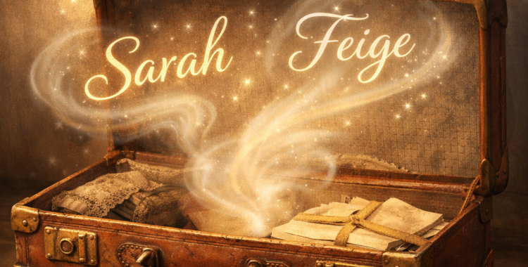 an open suitcase with the names Sarah and Feige flying out of it