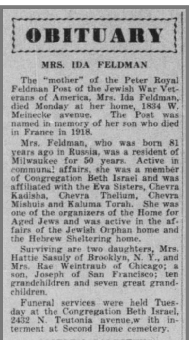 Ida Feldman's obituary, 1941