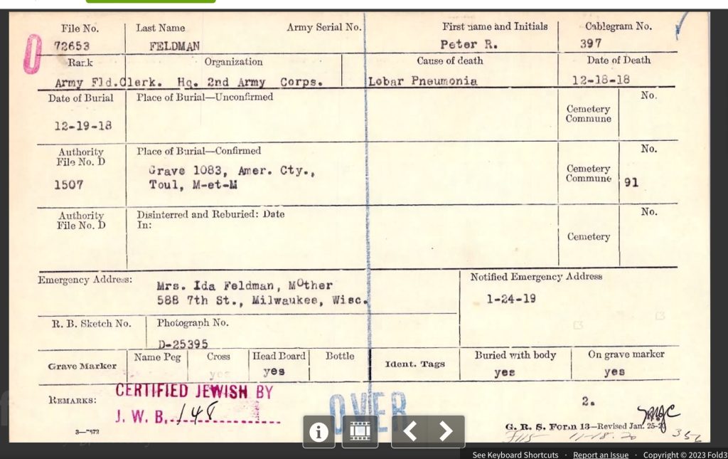 Peter Feldman, Death Record