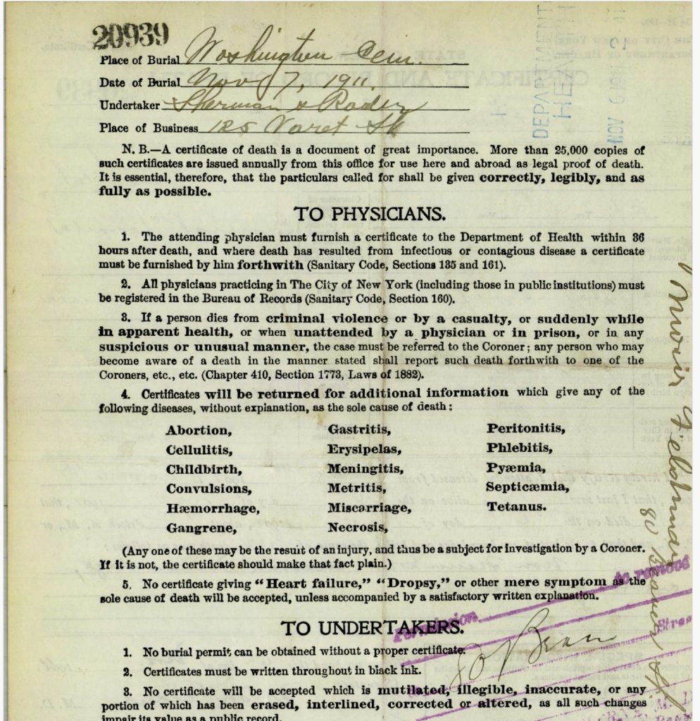 back page of Esther's death certificate