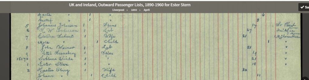 outward bound ship manifest for Esther