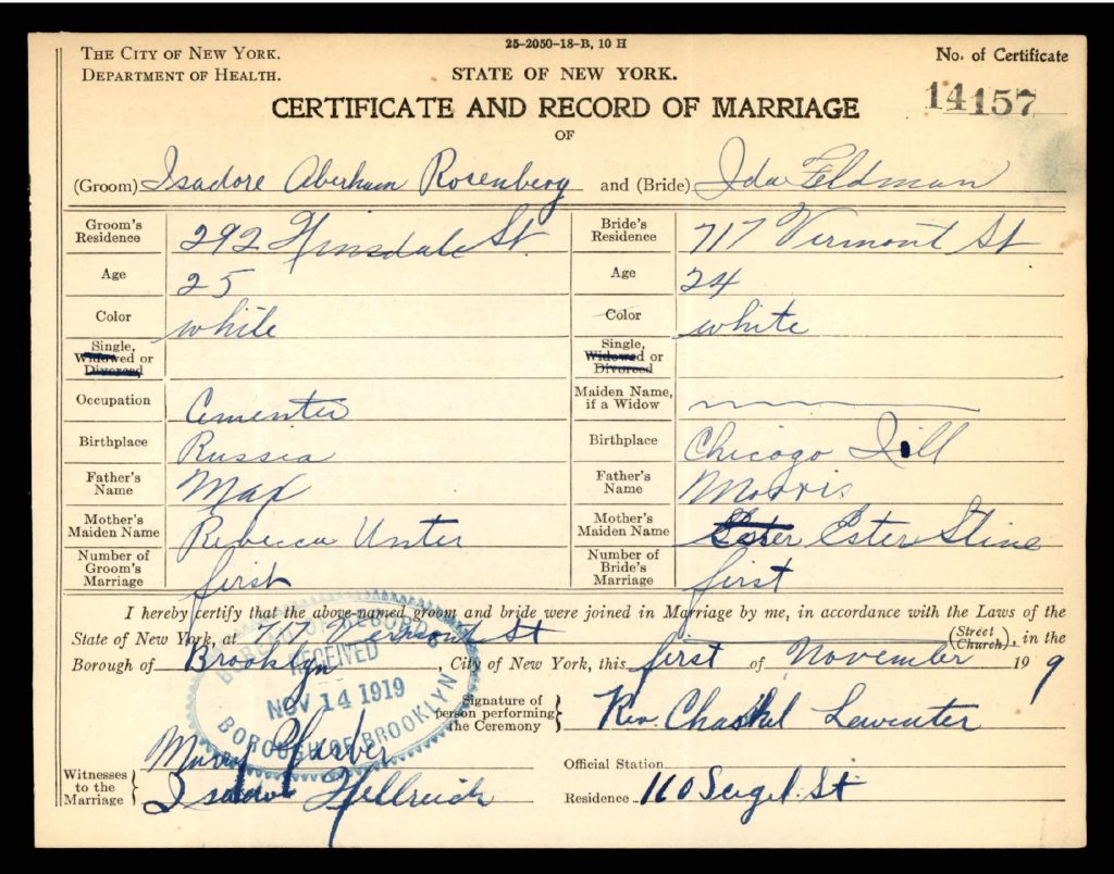Ida's marriage certificate