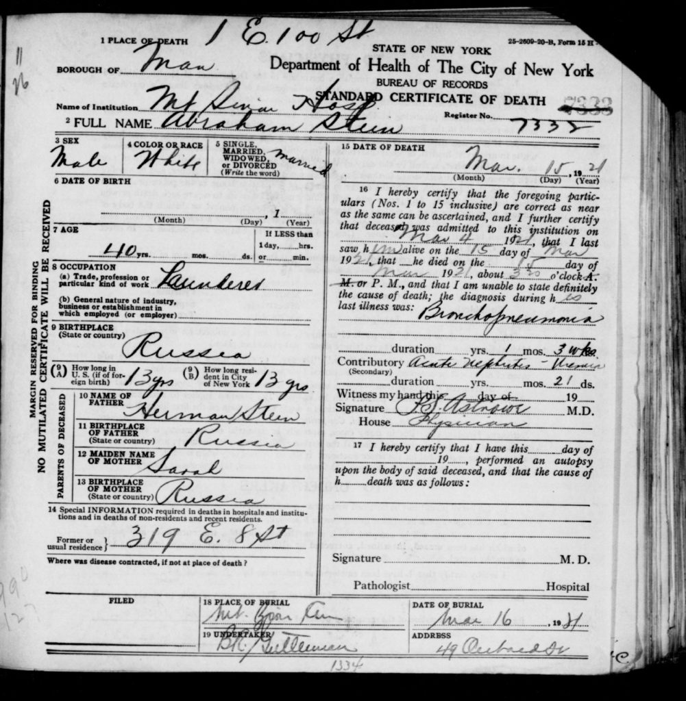 Death Certificate for Abe Stein - 1921
