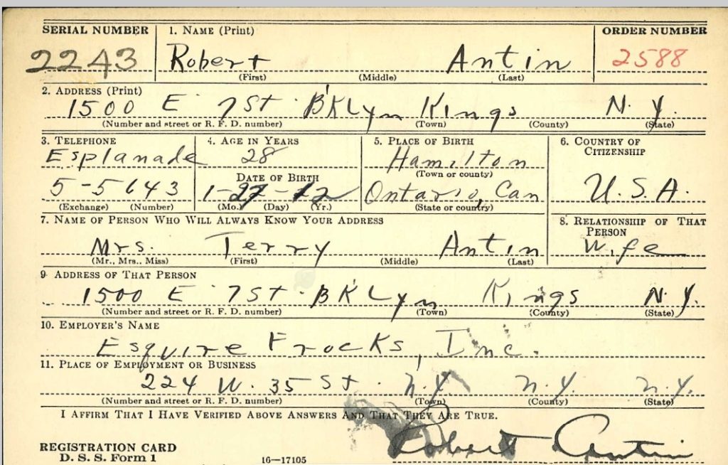 Robert's WWII Draft Card